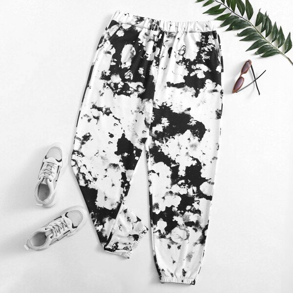 

Plus Tie Dye High Waist Sweatpants, Black and white