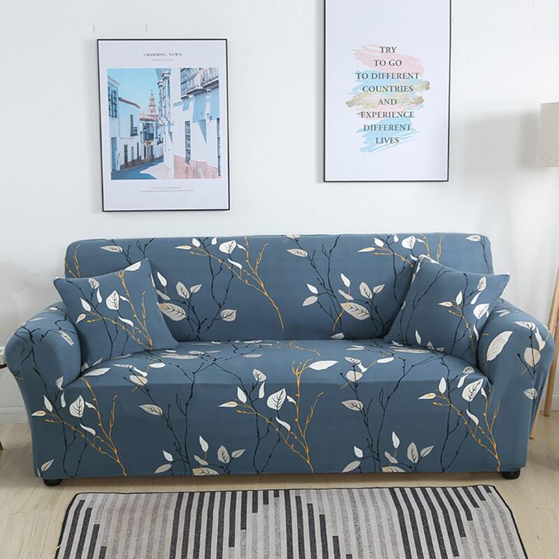 

Leaf Print Stretchy Sofa Cover & 1pc Cushion Cover, Blue