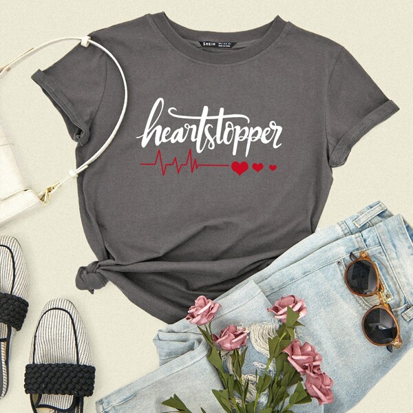 

Letter & Heart Print Tee, Dark grey