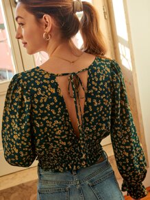 SHEIN Frenchy Ditsy Floral Tie Back Shirred Blouse - Multicolor - View 1