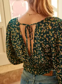 SHEIN Frenchy Ditsy Floral Tie Back Shirred Blouse - Multicolor - View 3