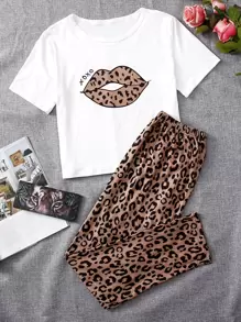 Cute Women's Leopard Lip Print Top And Animal Print Pants Sleepwear Set - Multicolor - View 1