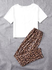 Cute Women's Leopard Lip Print Top And Animal Print Pants Sleepwear Set - Multicolor - View 2