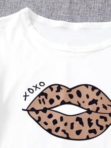 Cute Women's Leopard Lip Print Top And Animal Print Pants Sleepwear Set - Multicolor - View 4