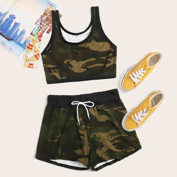 

Camo Print Tank Top & Drawstring Waist Shorts, Multicolor