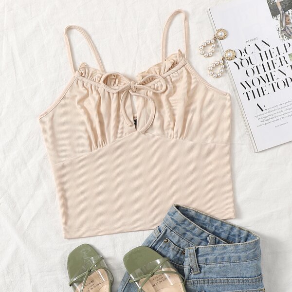 

Tie Front Rib-knit Cami Top, Apricot