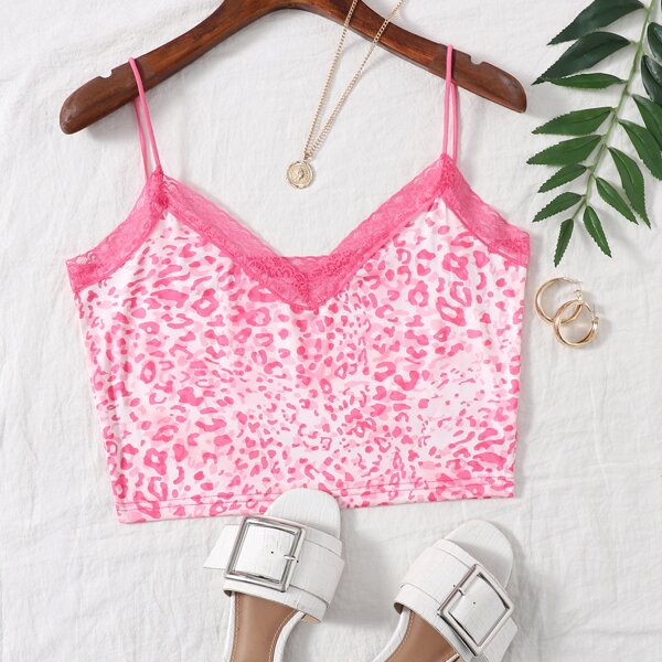 

Leopard Lace Detail Cami Top, Pink