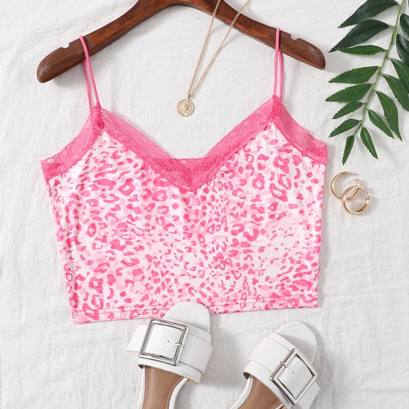 

Leopard Lace Detail Cami Top, Pink