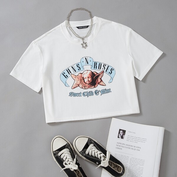 

Angel & Letter Graphic Crop Tee, White