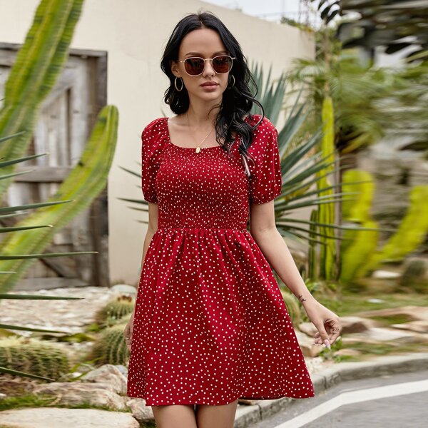 

Polka Dot Shirred A-line Dress, Burgundy