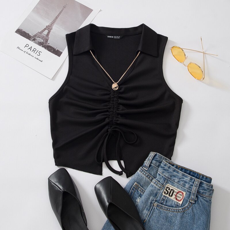 

Drawstring Front Rib-knit Tank Top Without Necklace, Black