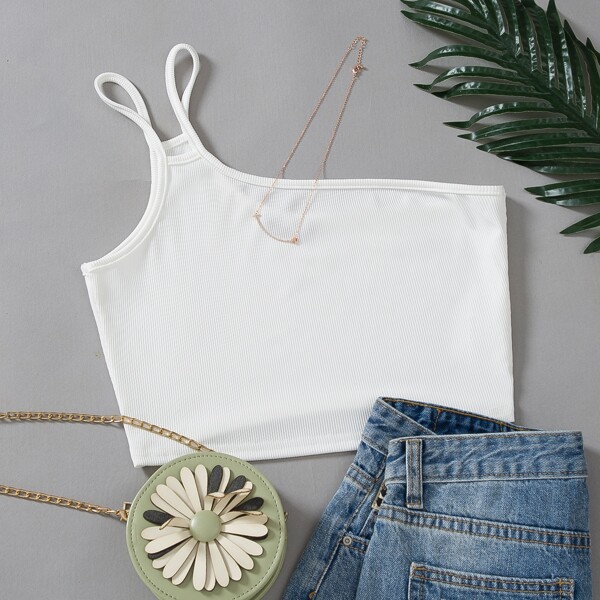 

Rib Knit Asymmetrical Neck Crop Top, White