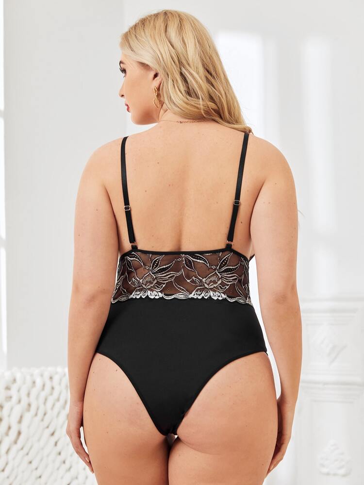 Lencería Sensual de Talla Grande Transparente Floral Romántico - Negro - Añade 2