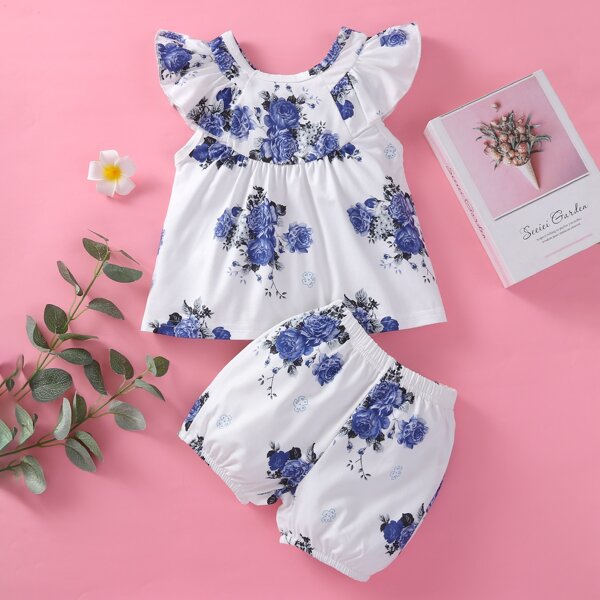 

Baby Girl Floral Print Top With Shorts, Blue and white