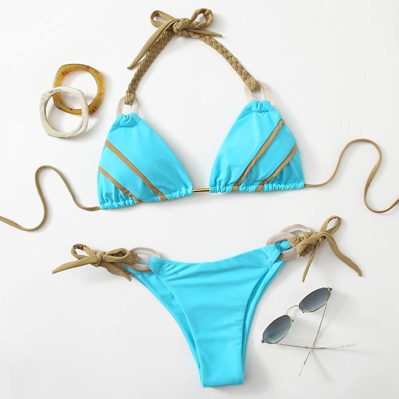 

Braided Strap Halter Bikini Swimsuit, Baby blue