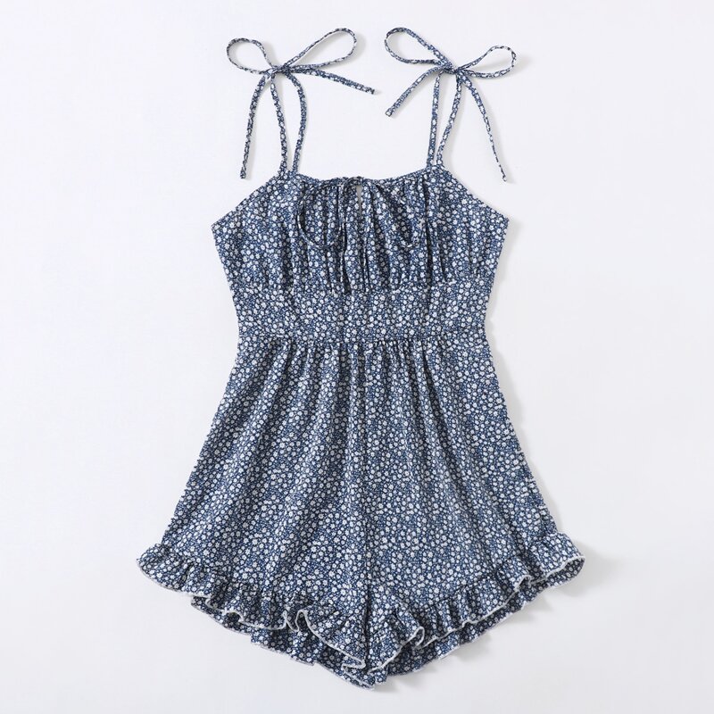 

Ditsy Floral Frill Cami Romper, Blue and white