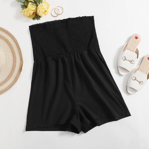 

Plus Shirred Frill Trim Tube Romper, Black