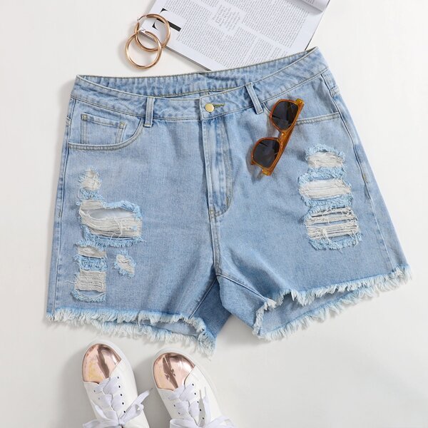 

Plus Ripped Raw Hem Denim Shorts, Light wash