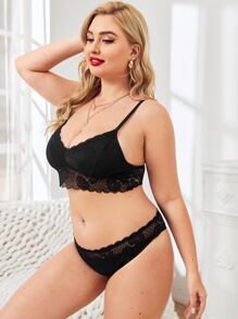 Plus Floral Lace Lingerie Set - Black - View 4