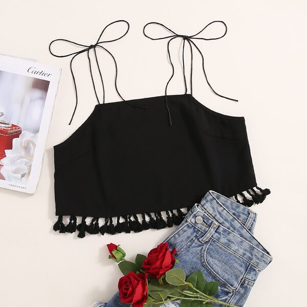 

Tie Shoulder Tassel Hem Cami Top, Black