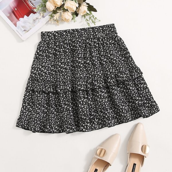 

Ditsy Floral Ruffle Trim Skirt, Black and white
