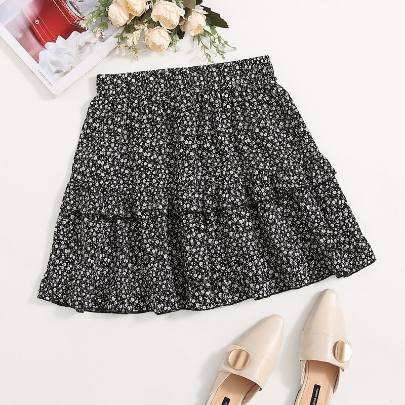 

Ditsy Floral Ruffle Trim Skirt, Black and white