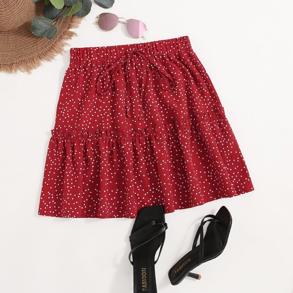 

Polka Dot Tie Front Frill Trim Skirt, Burgundy