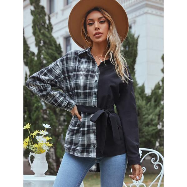 

Plaid Colorblock Belted Blouse, Black and white