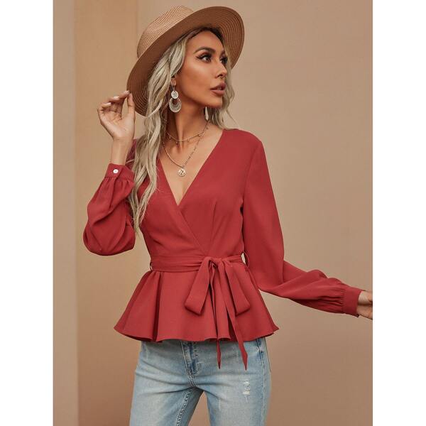 

Solid Surplice Front Belted Blouse, Burgundy