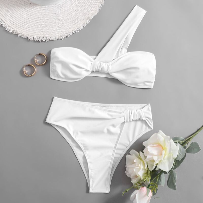

Solid Knot One Shoulder Bikini Swimsuit, White