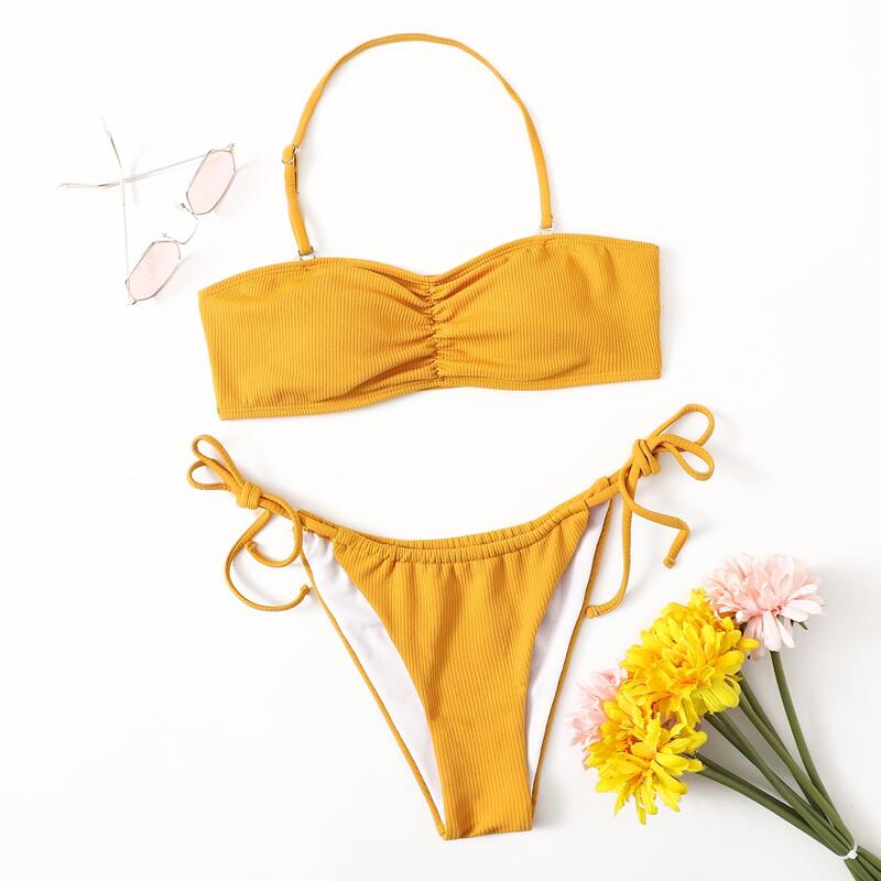

Solid Ruched Halter Tie Side Bikini Swimsuit, Yellow