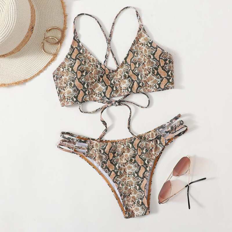 

Snakeskin Criss Cross Cut Out Bikini Swimsuit, Multicolor