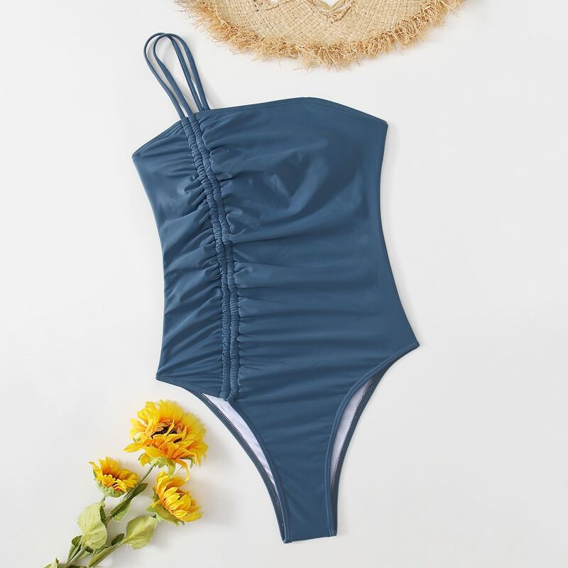 

One Shoulder Ruched One Piece Swimsuit, Navy blue