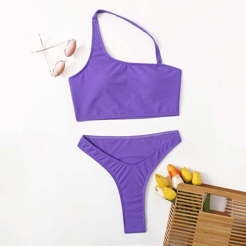 

Solid Halter High Cut Bikini Swimsuit, Purple