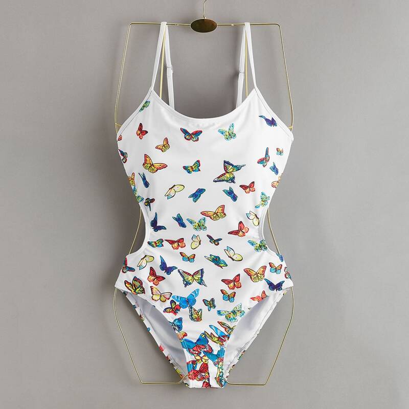 

Butterfly Print Cut-out One Piece Swimsuit, Multicolor