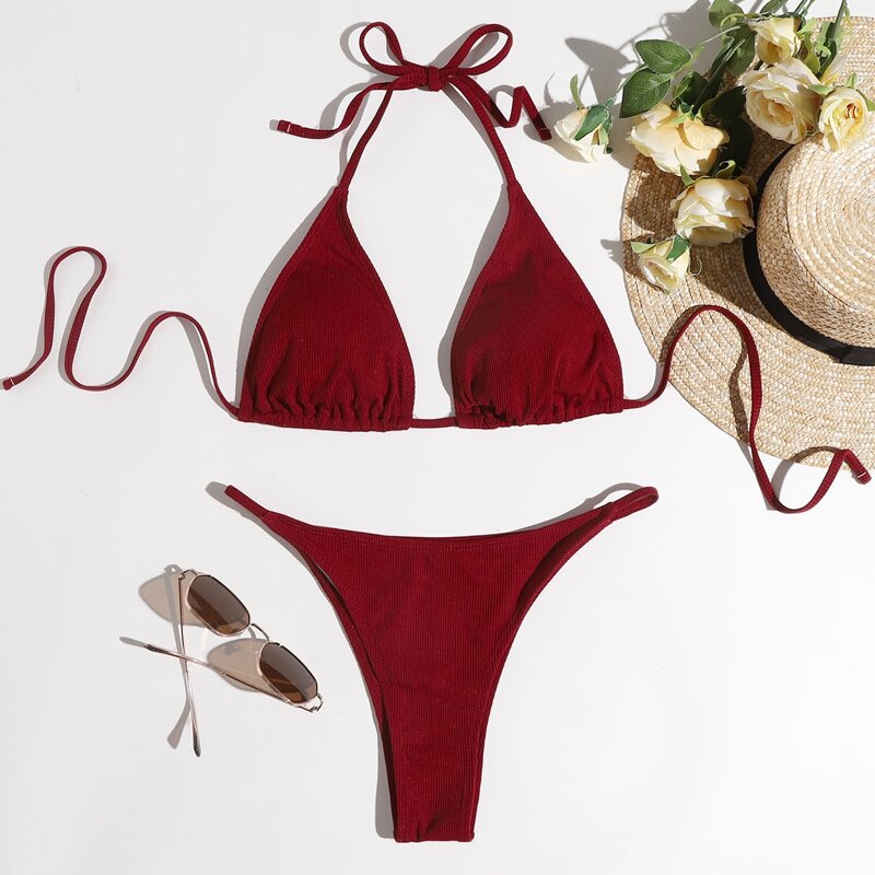 

Solid Halter Thong Bikini Swimsuit, Burgundy