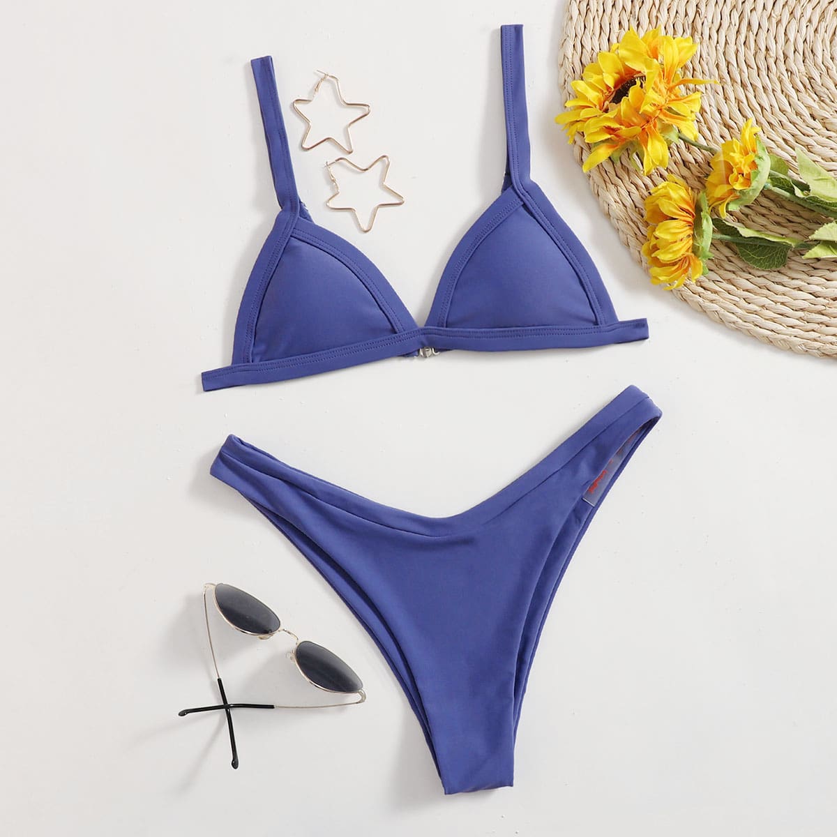 

Solid Triangle High Cut Bikini Swimsuit, Blue