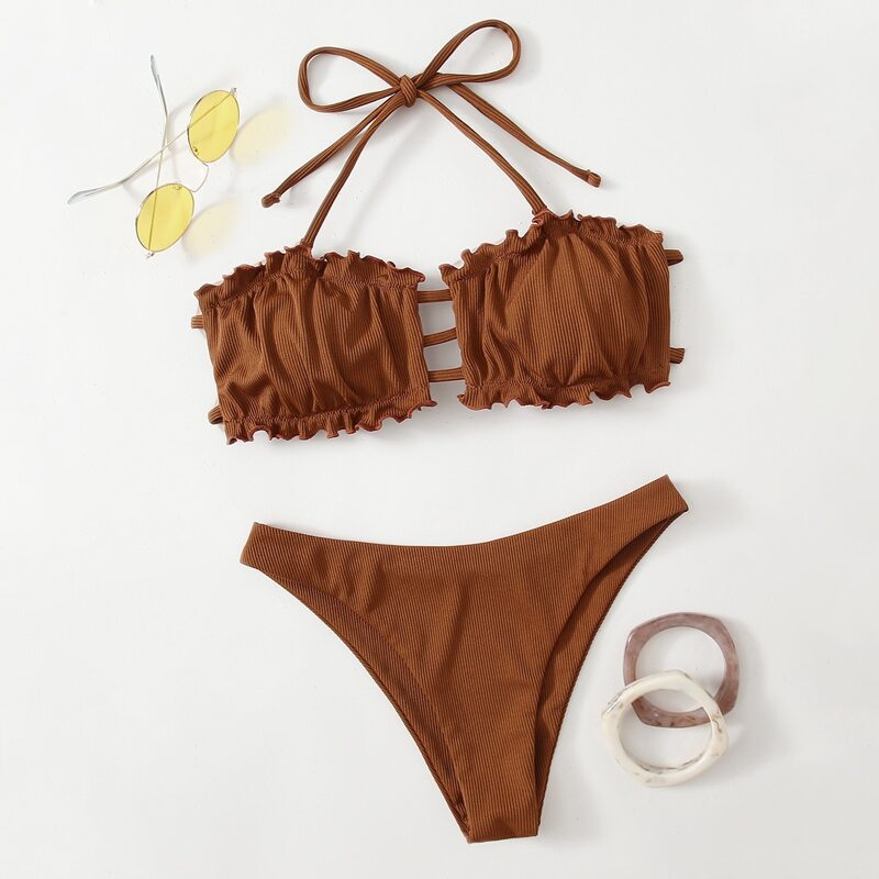 

Solid Ruched Bust Halter High Cut Bikini Swimsuit, Brown