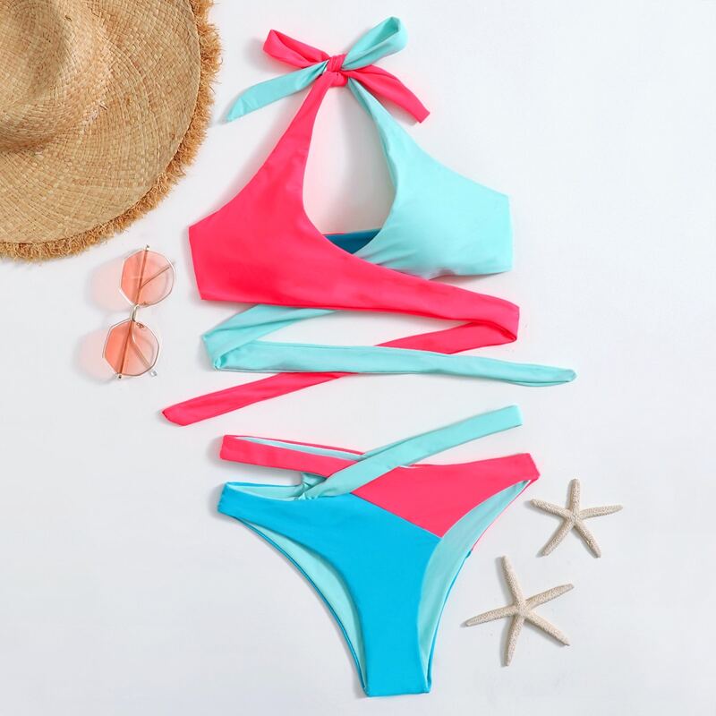 

Colorblock Criss Cross Halter Bikini Swimsuit, Multicolor