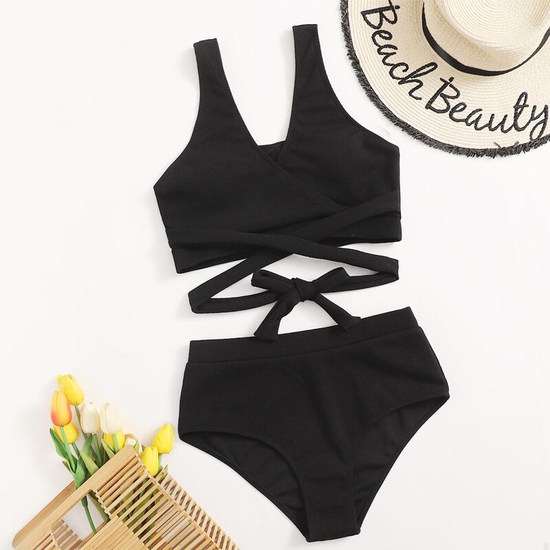 

Solid Criss Cross High Waist Bikini Swimsuit, Black