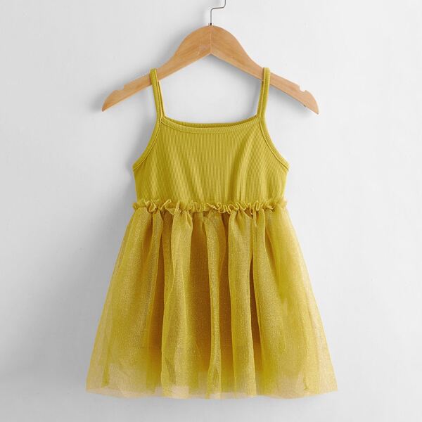 

Toddler Girls Contrast Mesh Frill Trim Cami Top, Mustard yellow