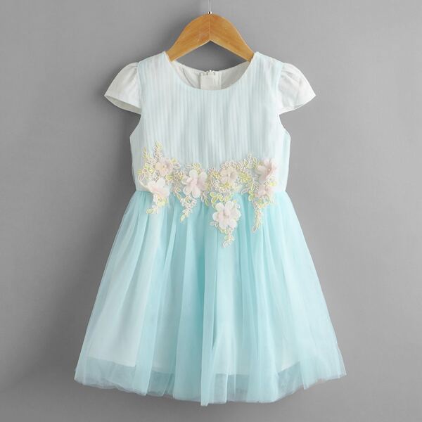 

Toddler Girls Appliques Mesh Overlay A-line Dress, Baby blue