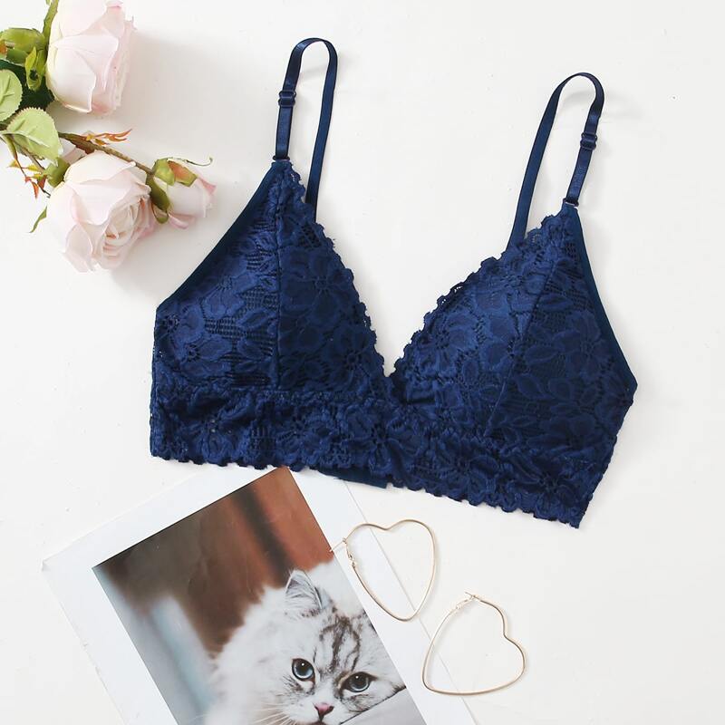 

1pc Floral Lace Bralette, Navy blue