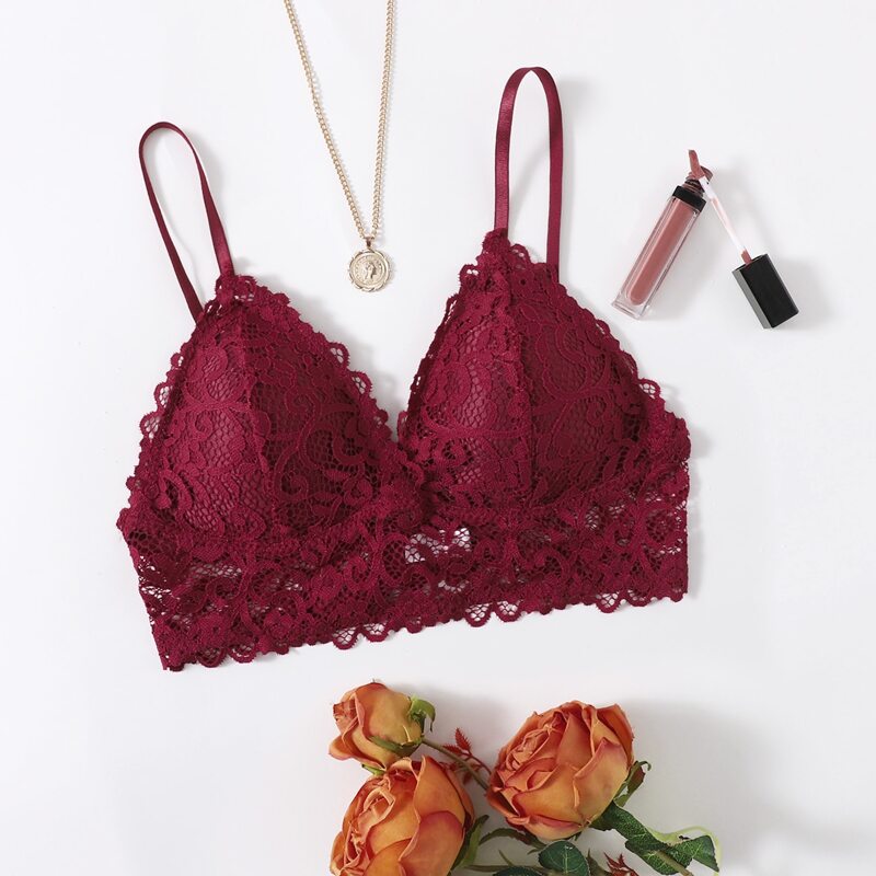 

1pc Floral Lace Bralette, Burgundy