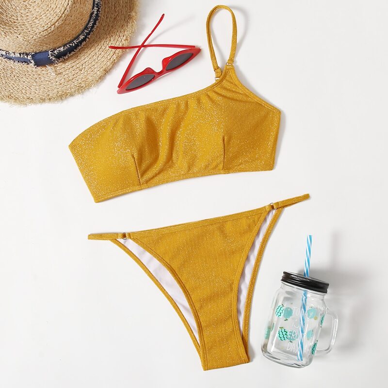 

Glitter One Shoulder Thong Bikini Swimsuit, Mustard yellow