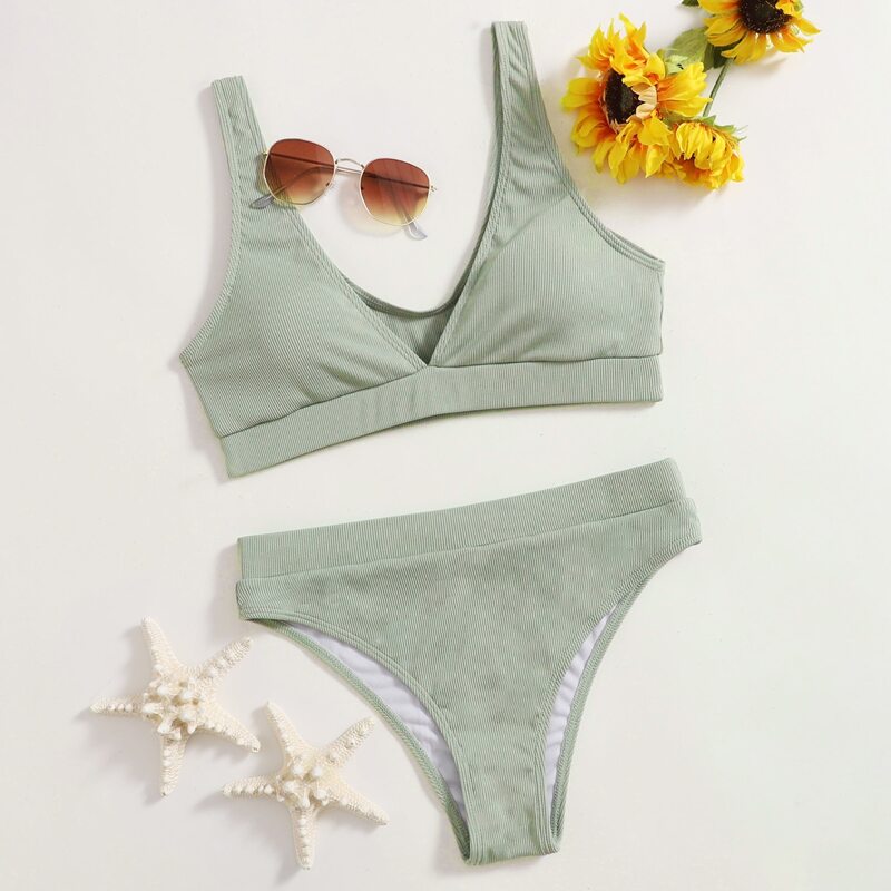 

Solid Rib Bikini Swimsuit, Green