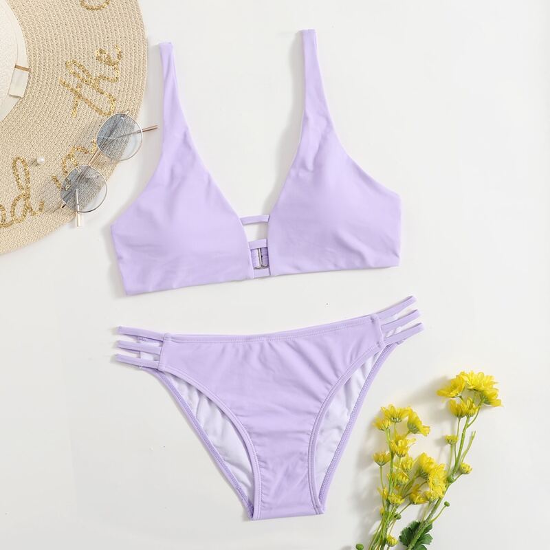 

Solid Cut Out Bikini Swimsuit, Lilac purple