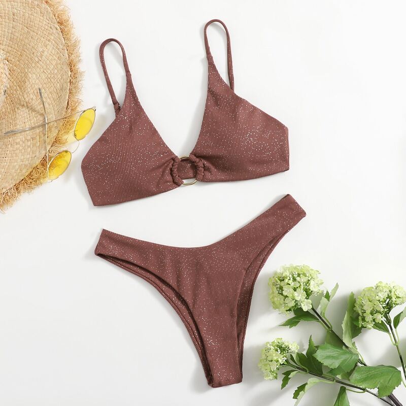 

Glitter Ring Decor High Cut Bikini Swimsuit, Rust brown