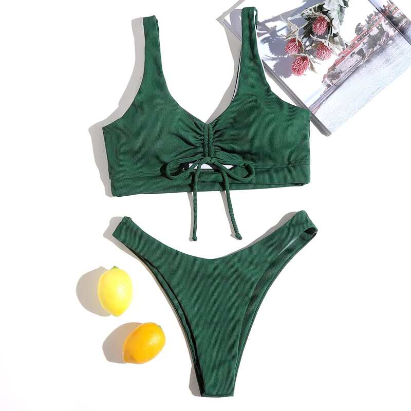 

Solid Drawstring High Cut Bikini Swimsuit, Dark green