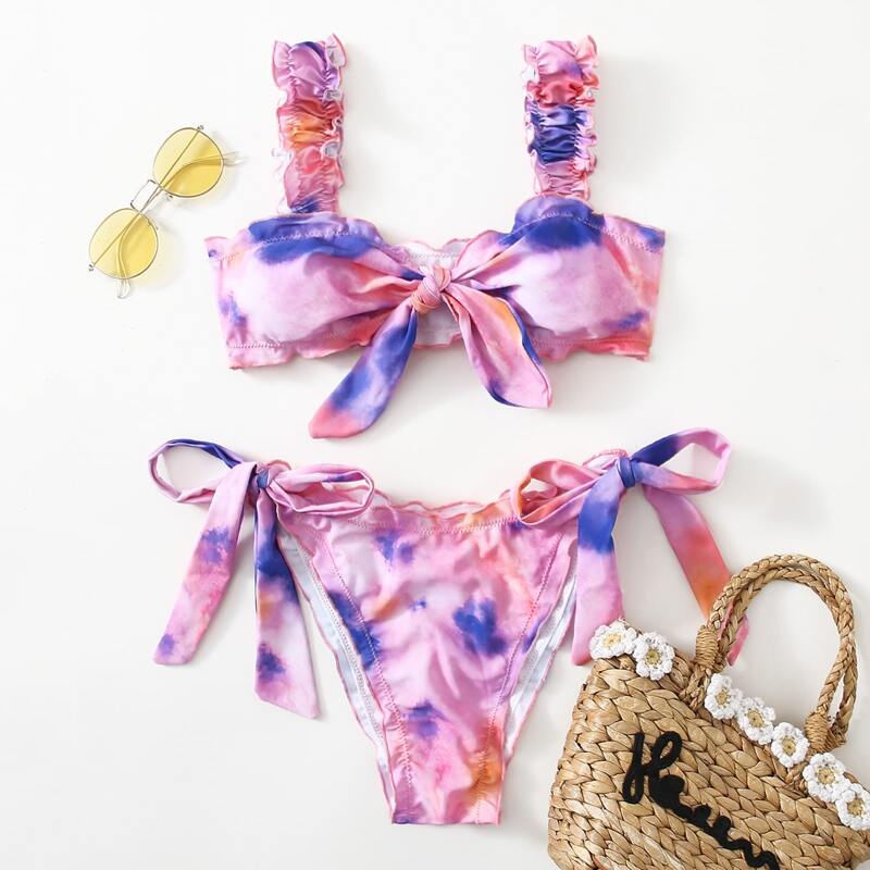 

Tie Dye Knot Tie Side Bikini Swimsuit, Multicolor